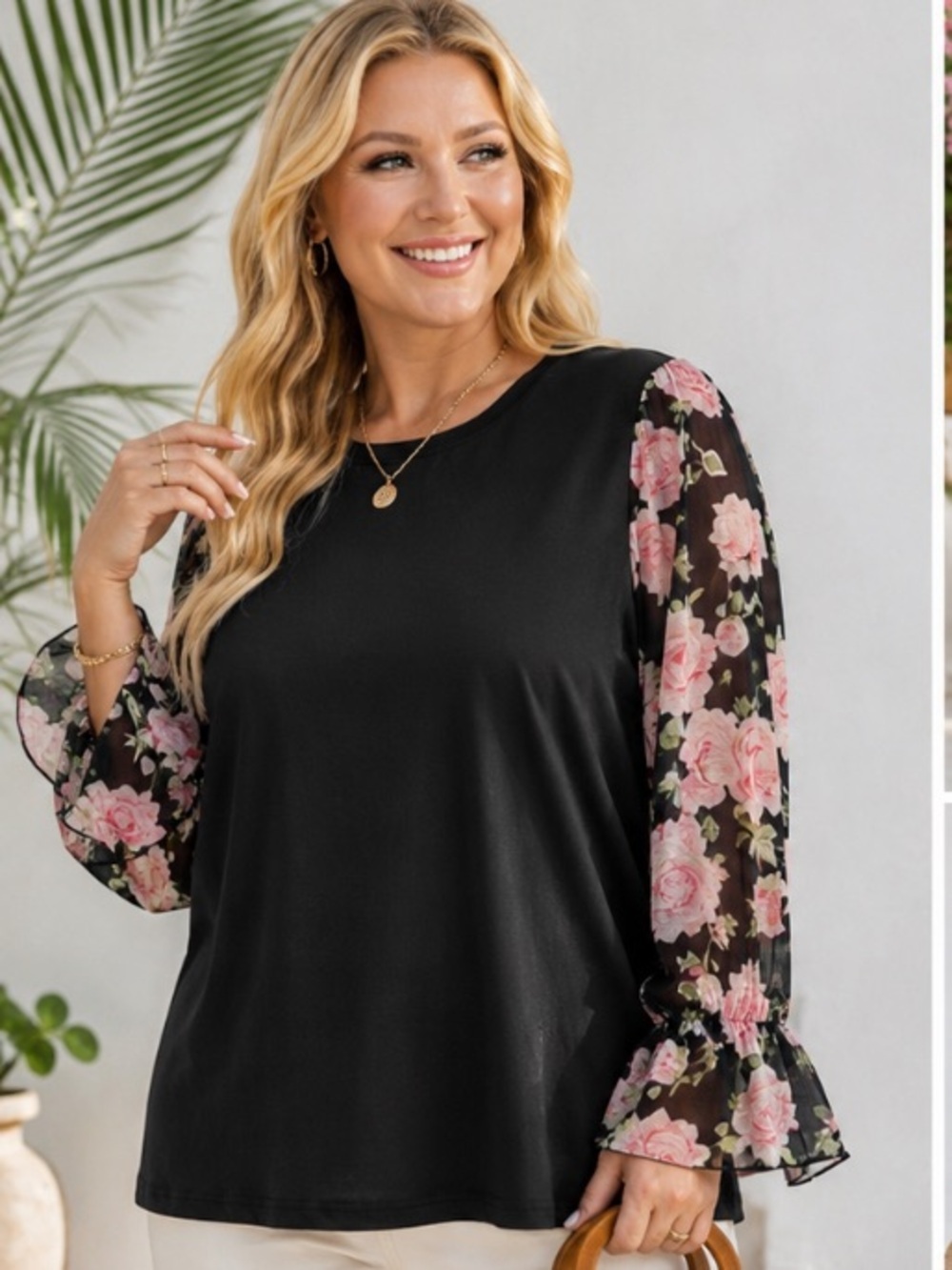 Agnes Orinda Plus Size Tops for Women Crew Neck Floral Printed Long Sleeve 2X